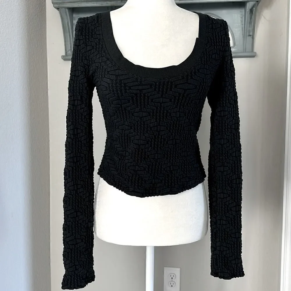 NWOT Free People Black Scoop Neck Long Sleeves Textured S Activewear Workout